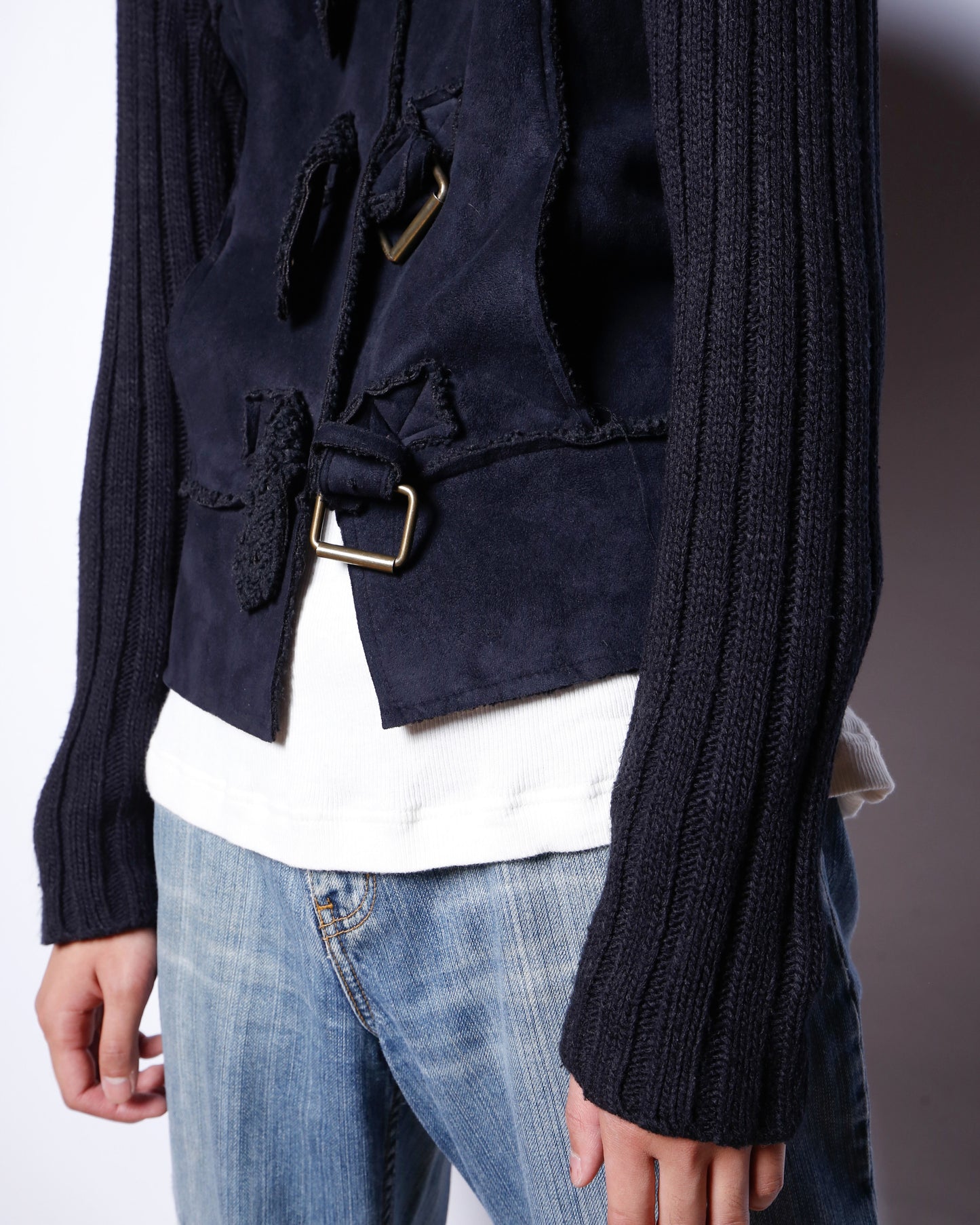 vintage buckle hybrid knit jacket