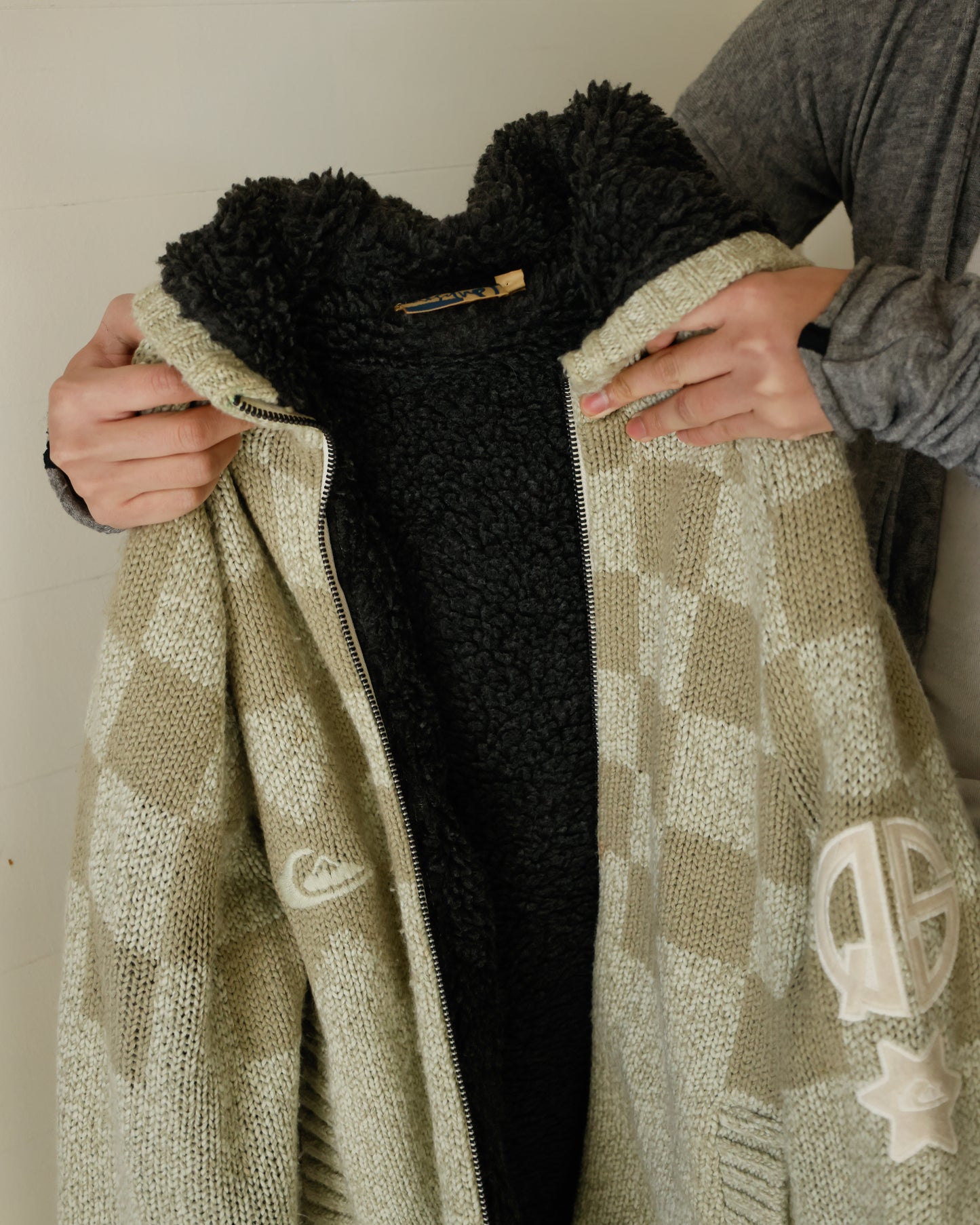 vintage 90-00's quicksilver chess board knit hoodie with boa liner