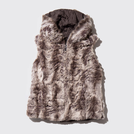 vintage hooded faux fur vest , reversible - quilting