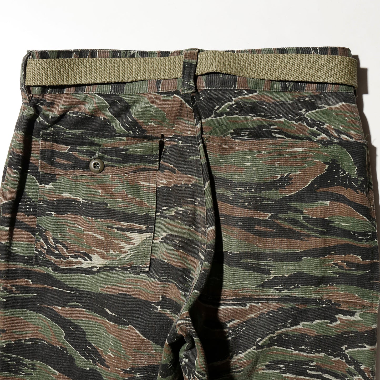 vintage belted tiger camo crush cargo trousers