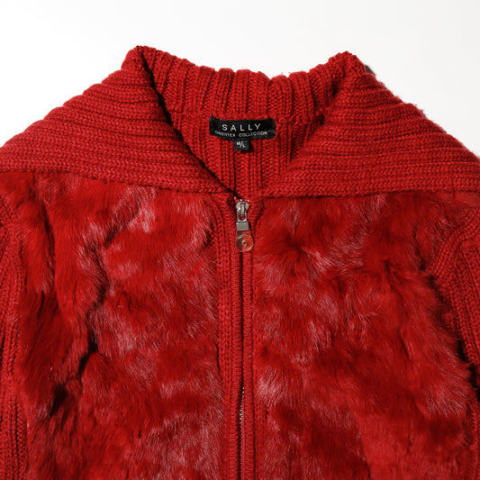 vintage cropped fur combi rib knit jacket