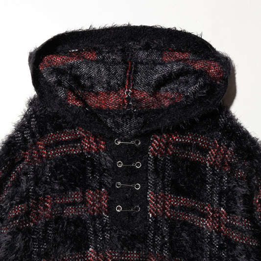 vintage check fuzzy knit hoodie