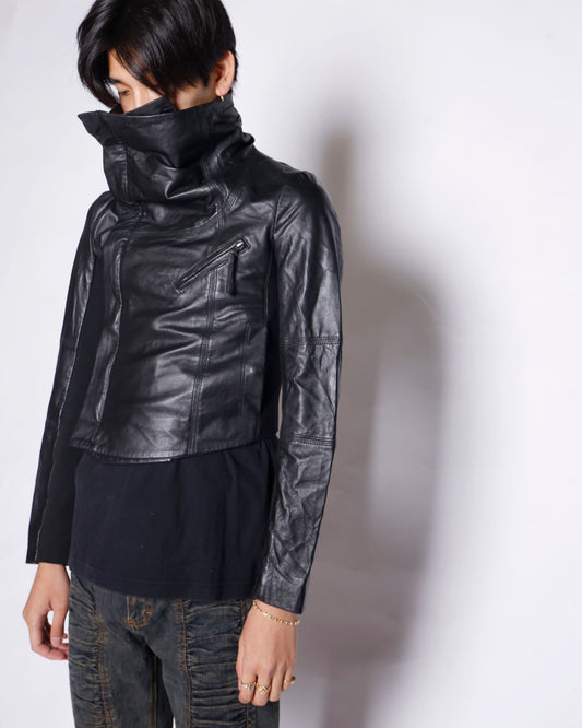 vintage mango high neck cropped leather jacket