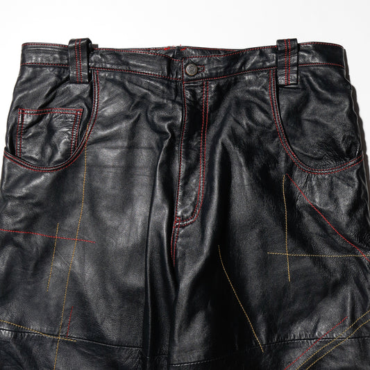 vintage stitched cow hide leather wide trousers