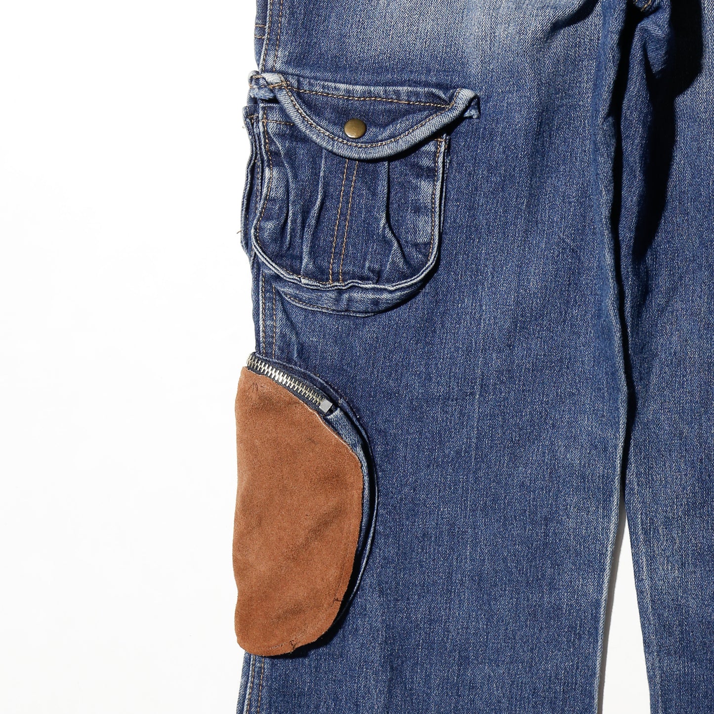vintage low rise suede patch utility flare jeans