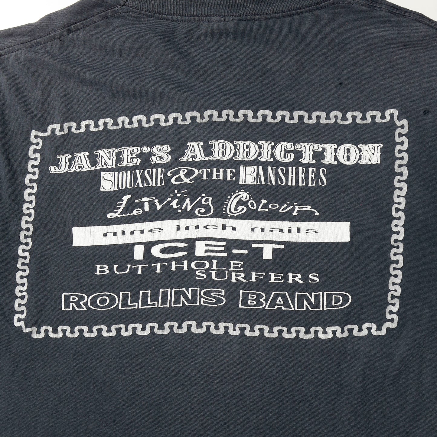 vintage 1991's LOLLAPALOOZA broken t-shirt , back : JANE'S ADDICTION/SIOUXSIE&THE BANSHEES/Living Colour/Nine Inch Nails/ICE-T/BUTTHOLE SURFERS/ROLLINS BAND
