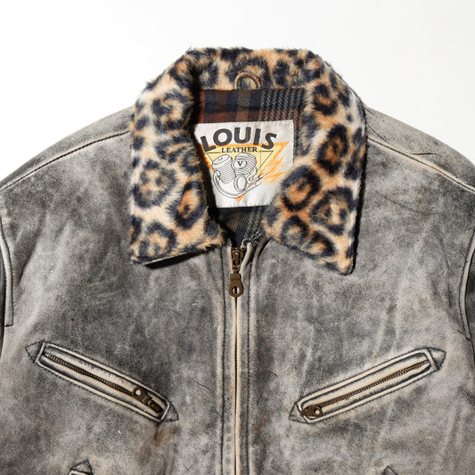 vintage leopard collar dust leather jacket
