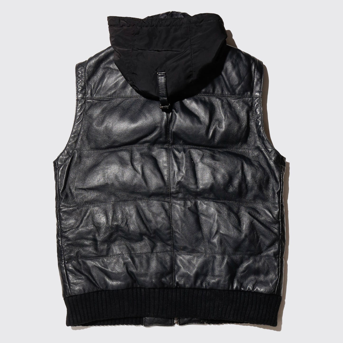 vintage hybrid leather padded vest , detachable hoodie