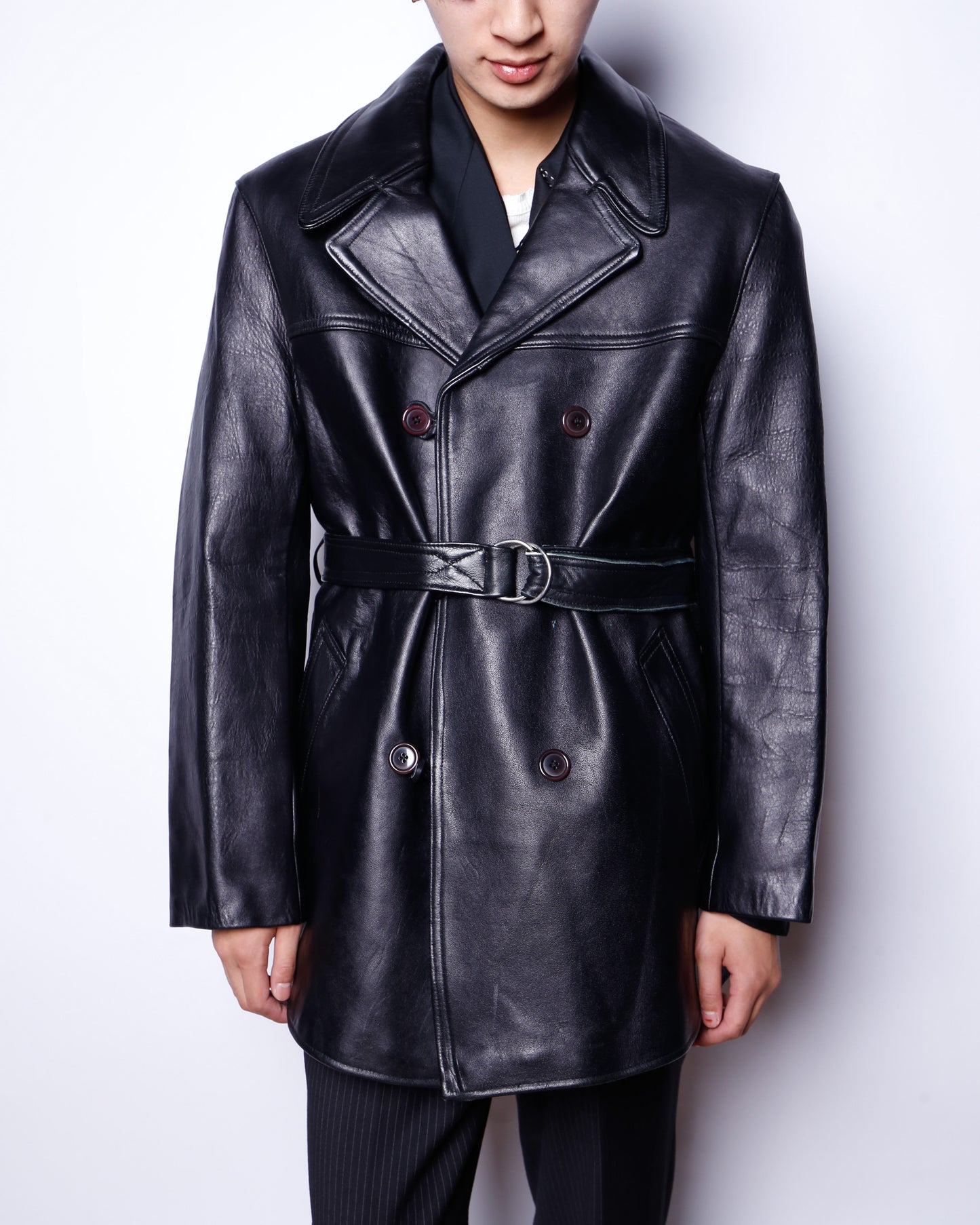 vintage belted double leather coat, with flannel check liner