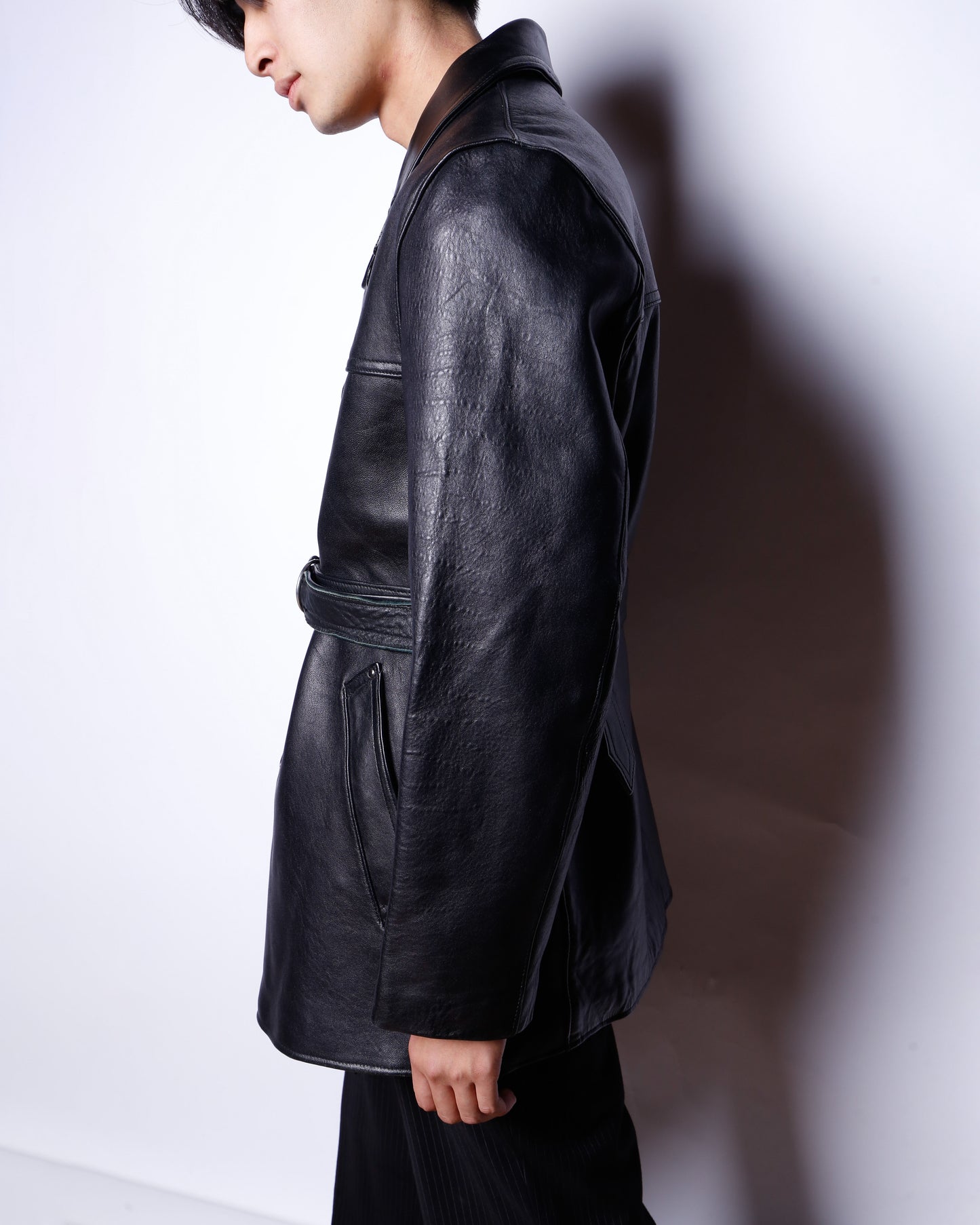 vintage belted double leather coat, with flannel check liner