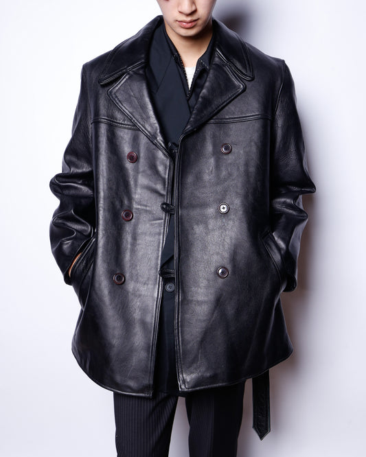 vintage belted double leather coat, with flannel check liner