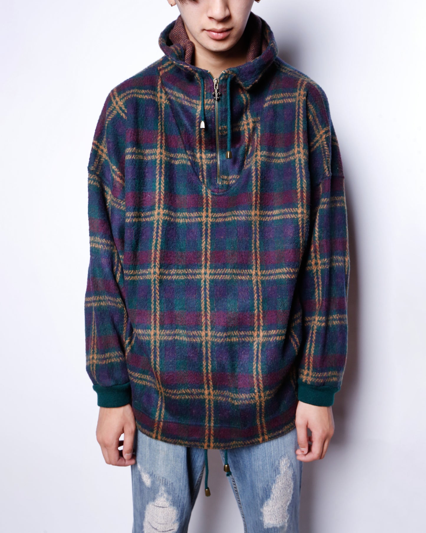 vintage check fleece half zip hoodie