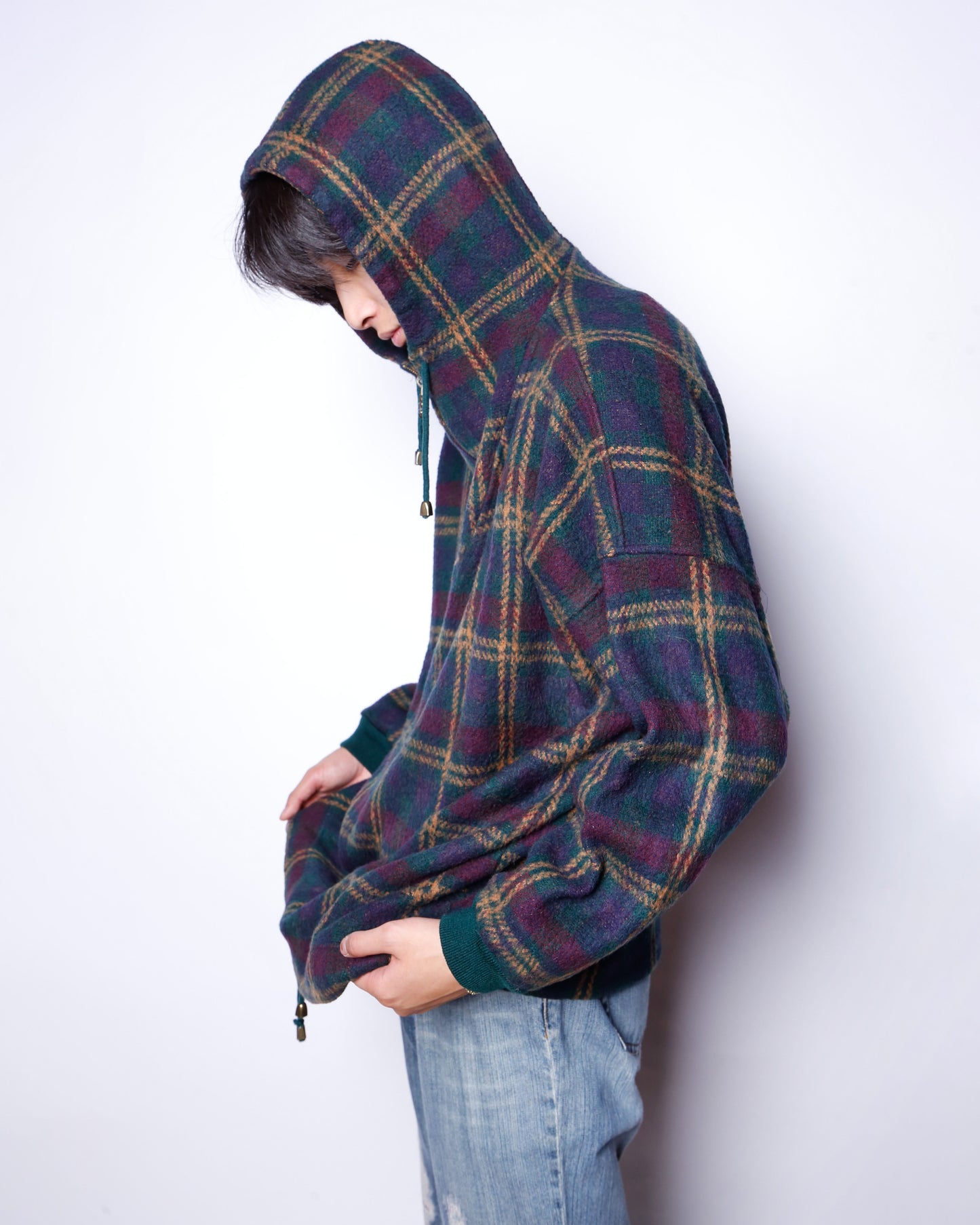 vintage check fleece half zip hoodie