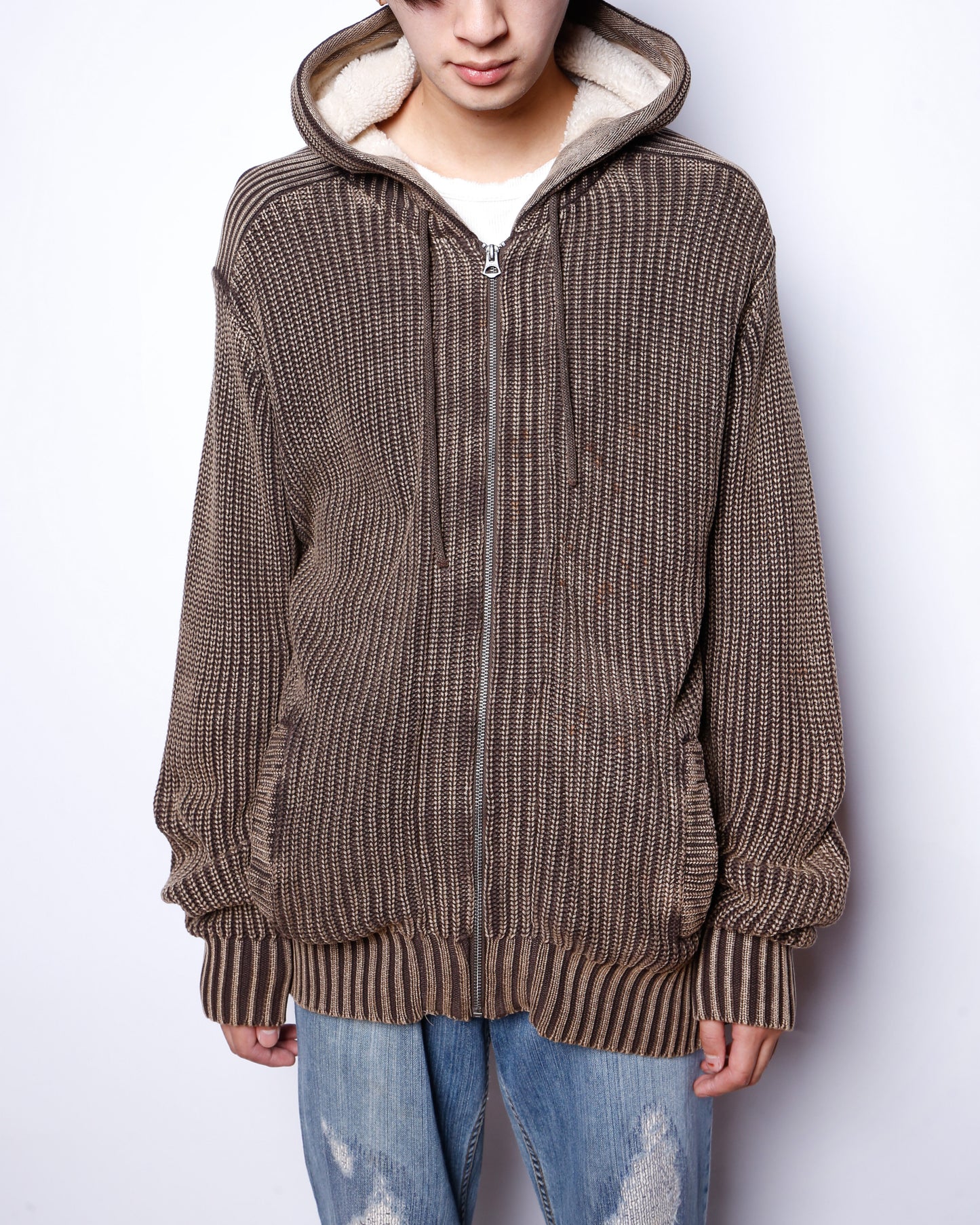 vintage acid rib knit boa hoodie