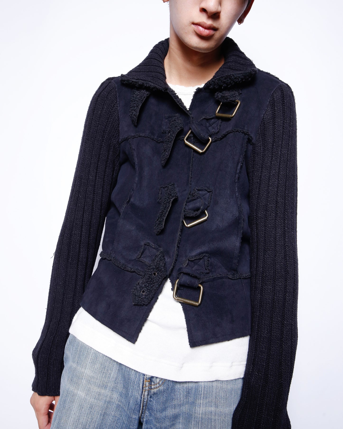 vintage buckle hybrid knit jacket