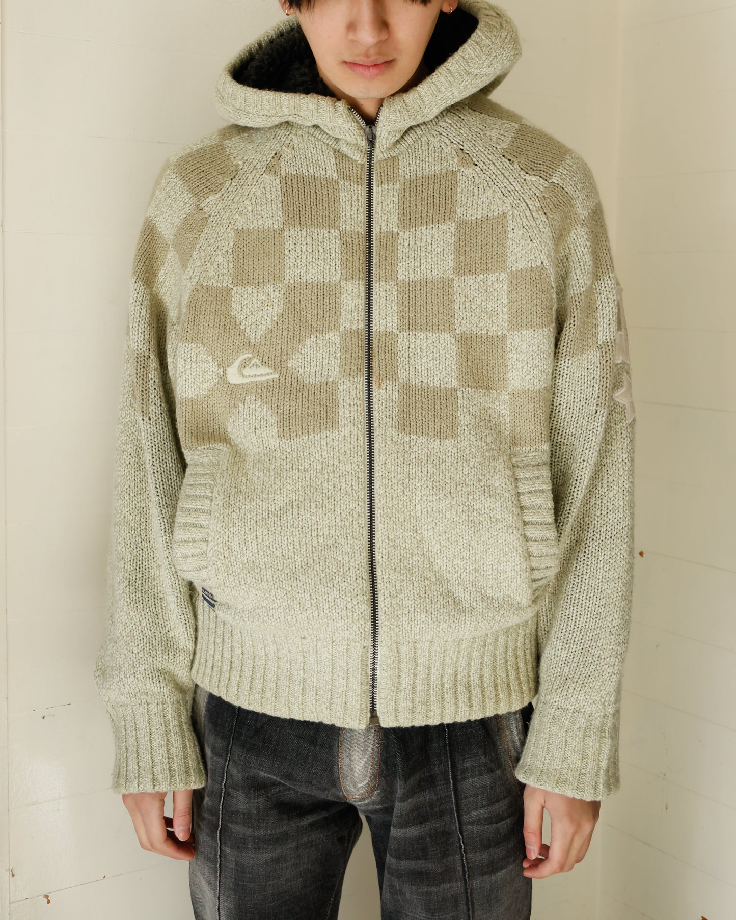 vintage 90-00's quicksilver chess board knit hoodie with boa liner