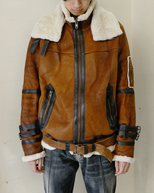 vintage belt straped shearing mouton jacket , detachable collar