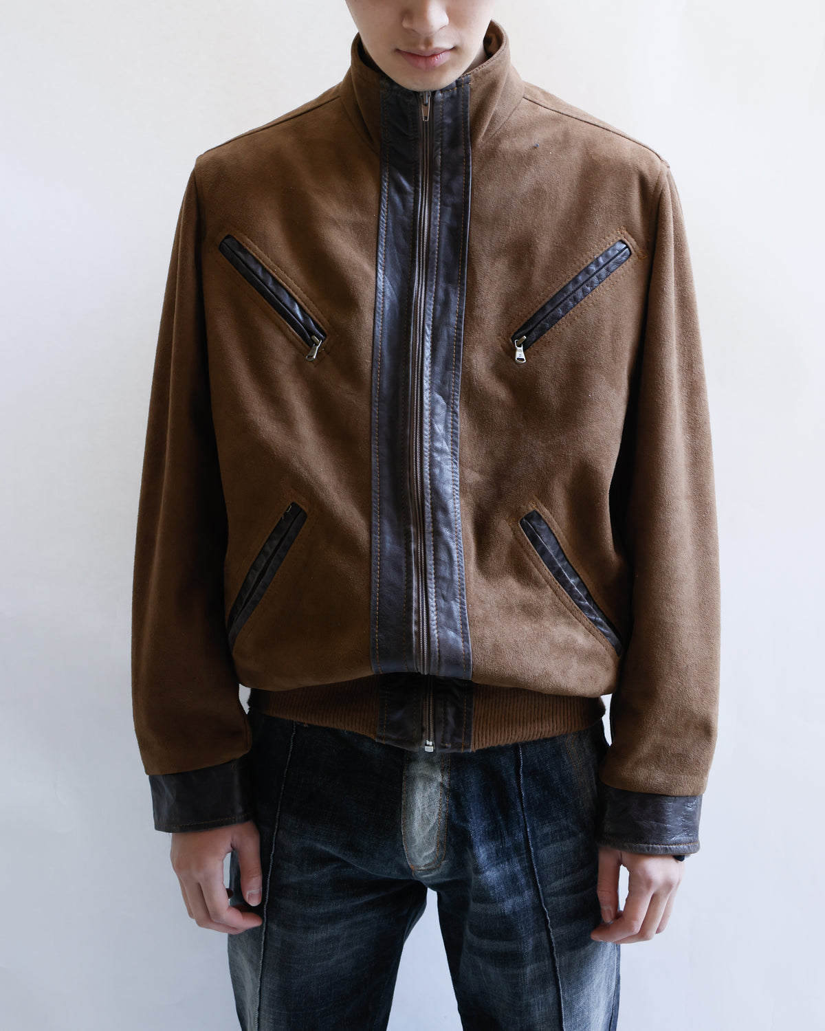 vintage euro diagonal zip faux suede jacket