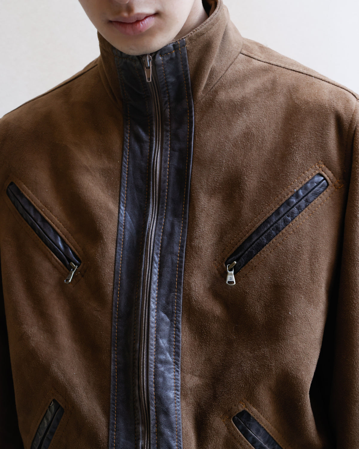 vintage euro diagonal zip faux suede jacket