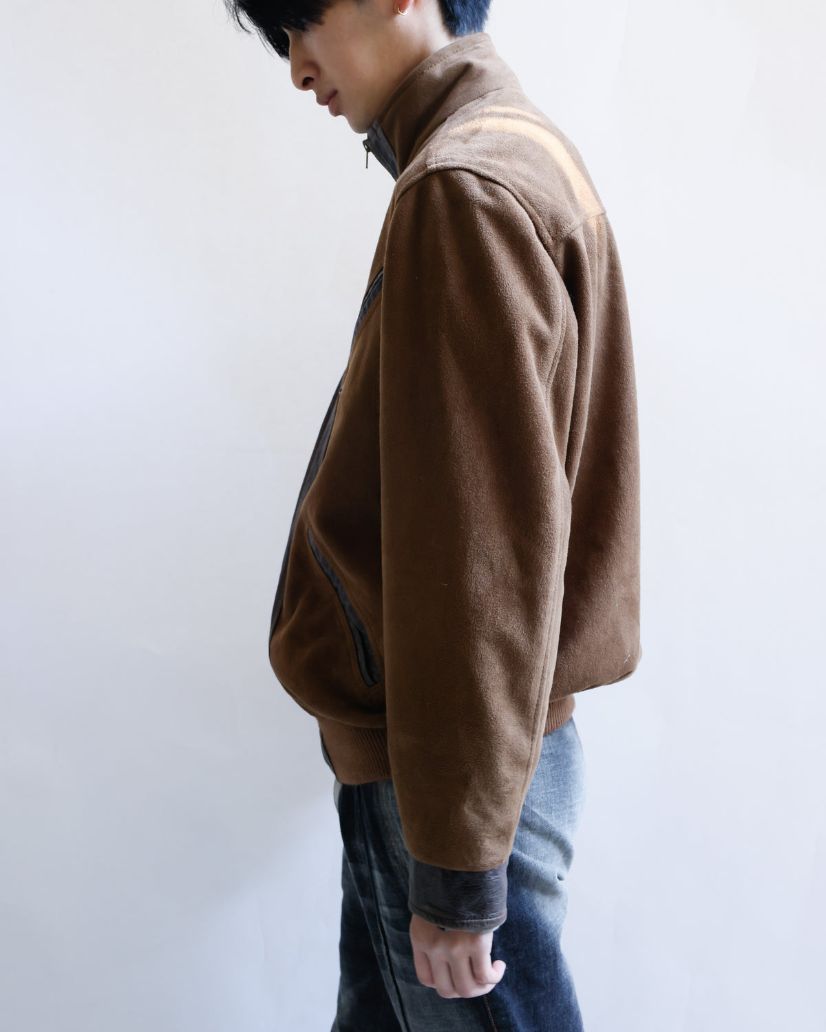 vintage euro diagonal zip faux suede jacket