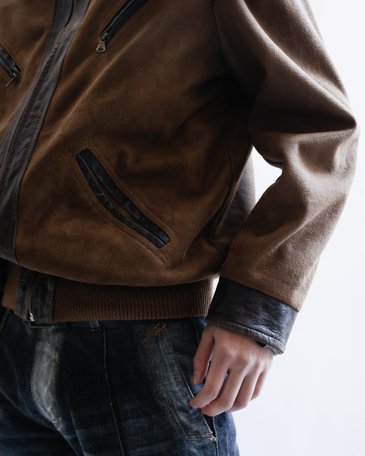 vintage euro diagonal zip faux suede jacket