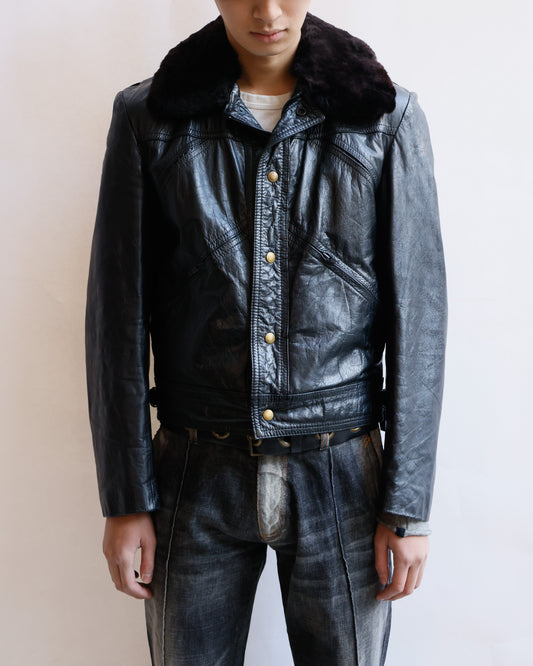 vintage 70-80's cropped boa collar  leather jacket