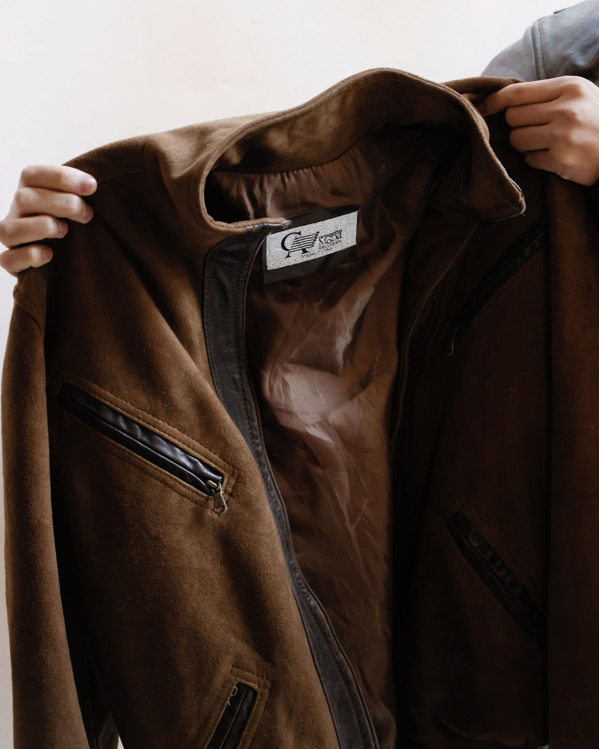 vintage euro diagonal zip faux suede jacket