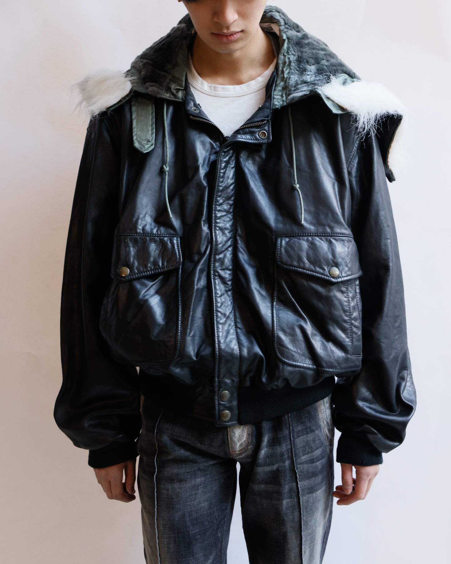 *one-off hooded aviator leather jacket