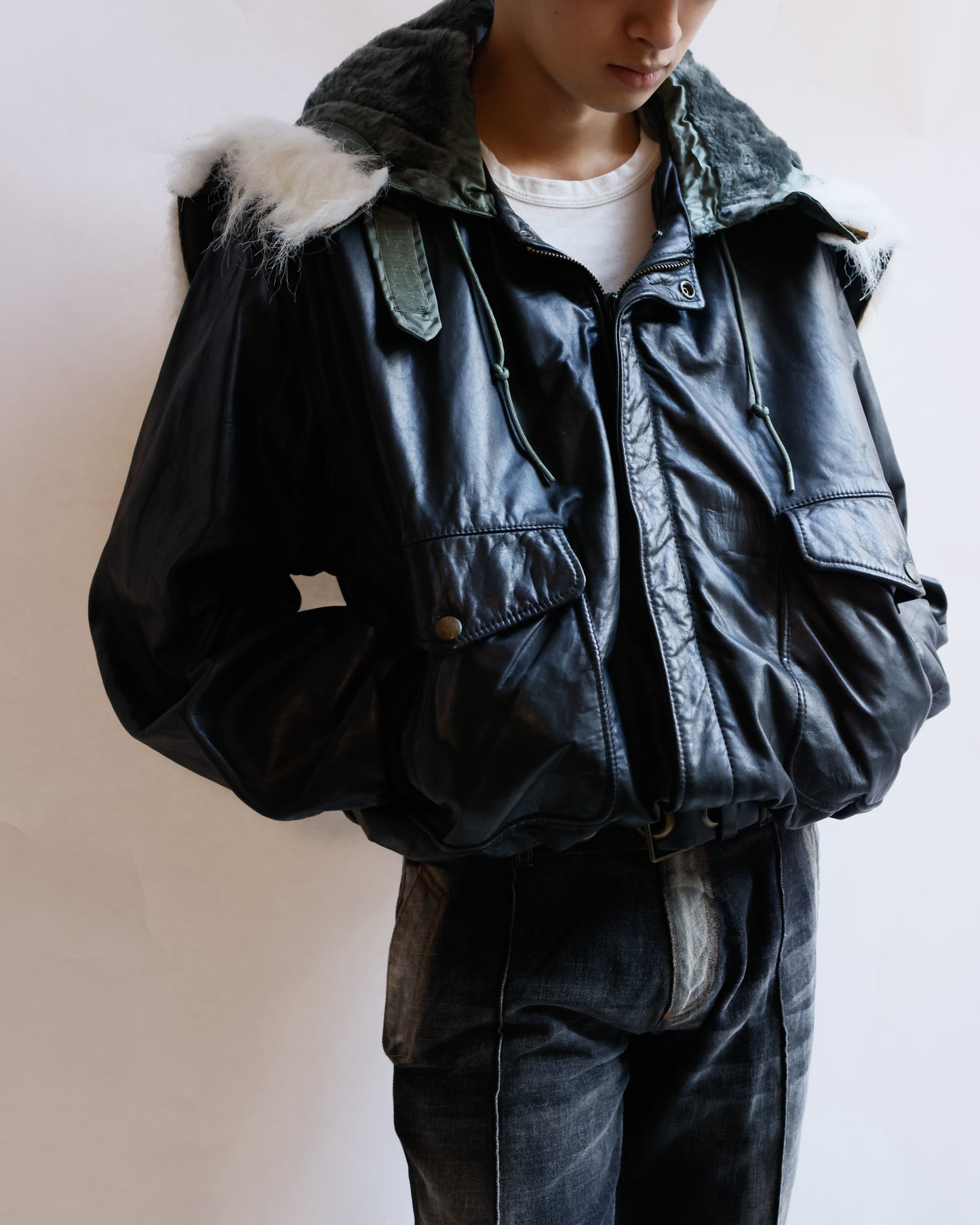 *one-off hooded aviator leather jacket