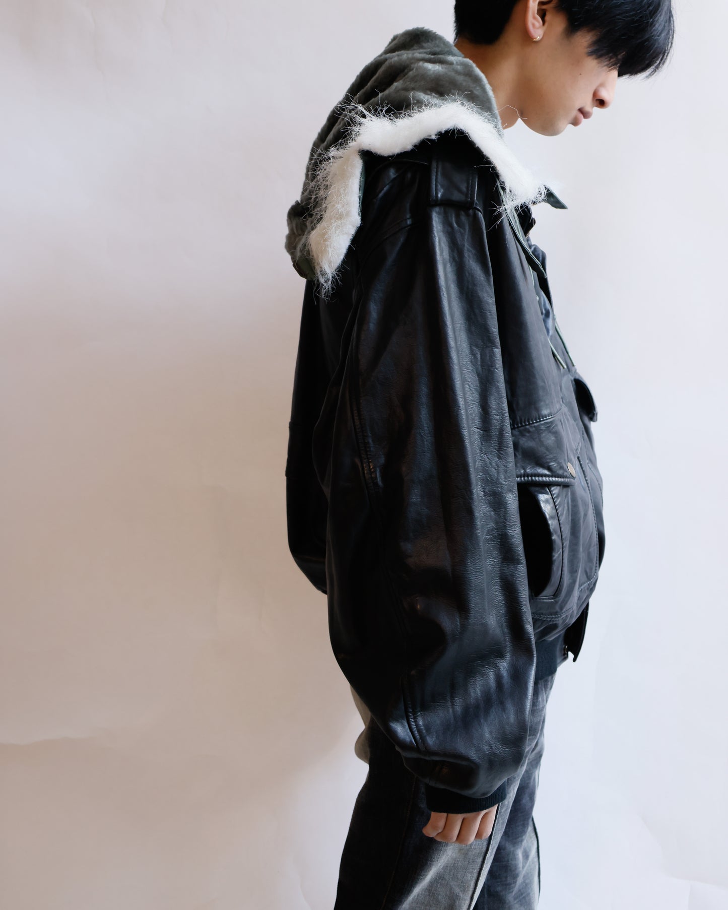 *one-off hooded aviator leather jacket