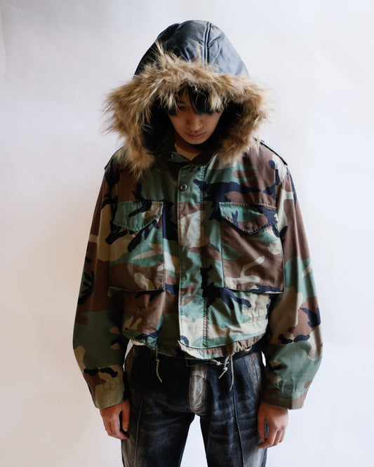 vintage cropped field jacket with cross hoodie