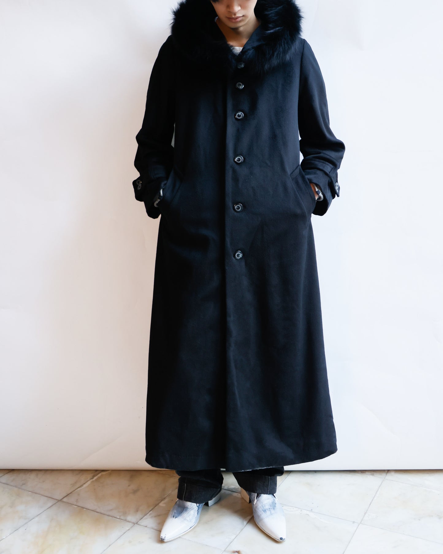 vintage fur hooded super long wool coat , detachable fur