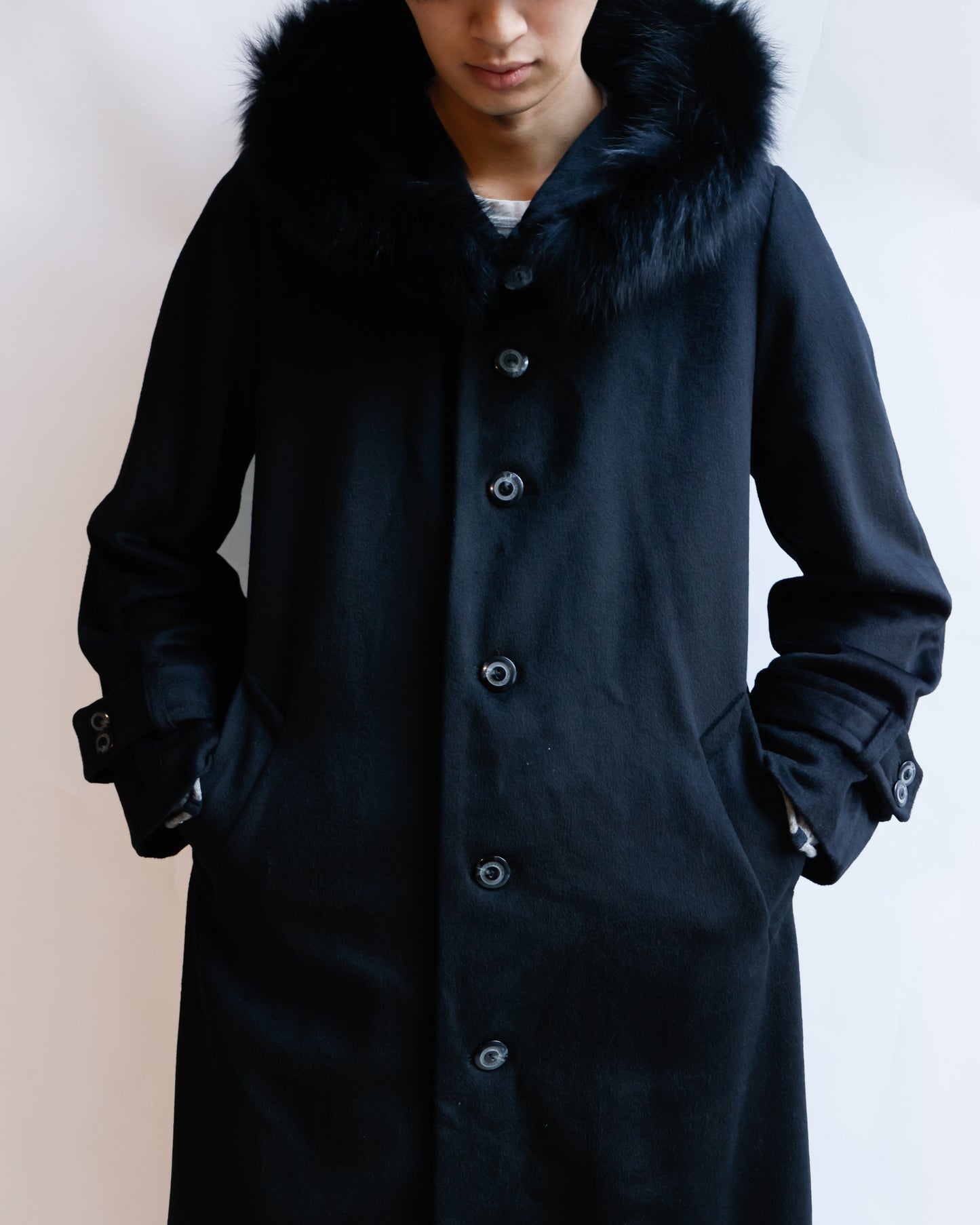 vintage fur hooded super long wool coat , detachable fur