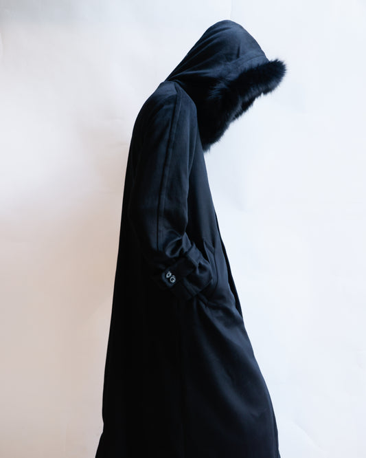 vintage fur hooded super long wool coat , detachable fur