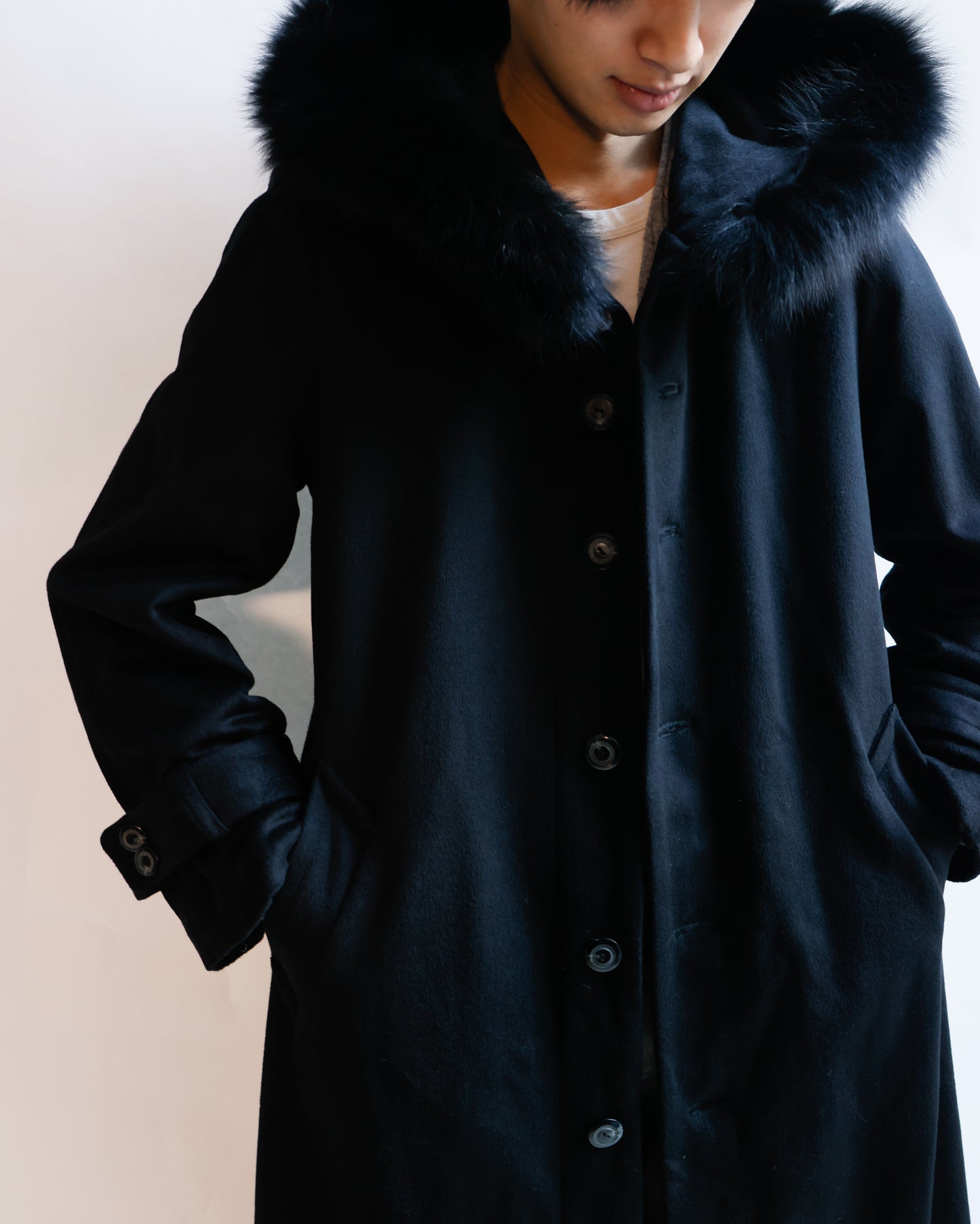 vintage fur hooded super long wool coat , detachable fur