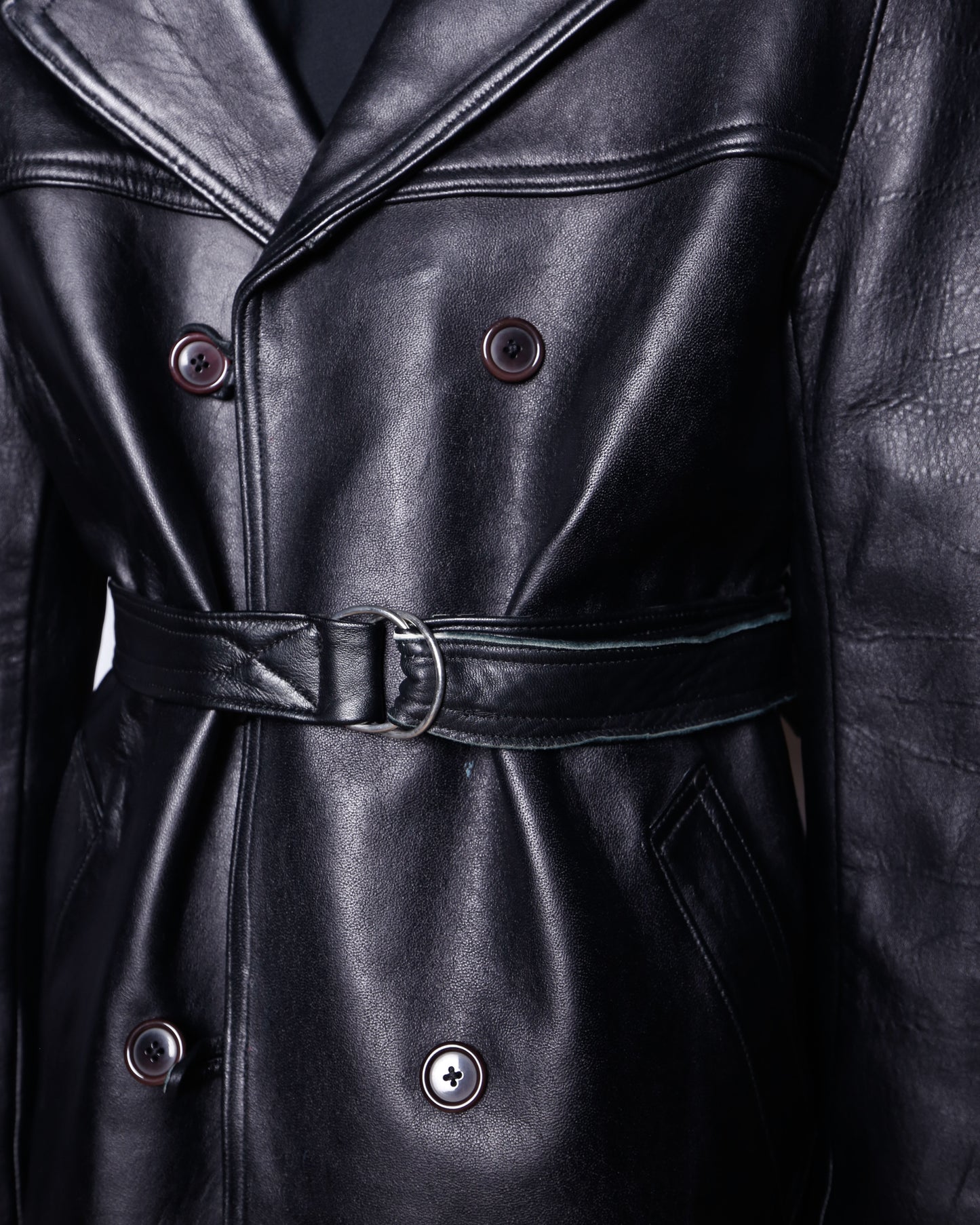 vintage belted double leather coat, with flannel check liner