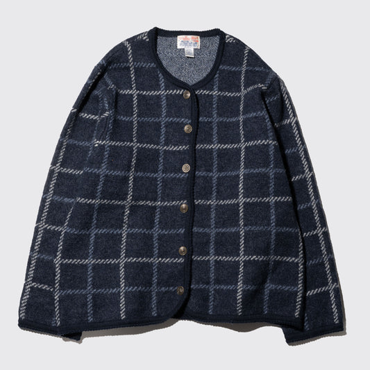 vintage check wool loose collar less jacket