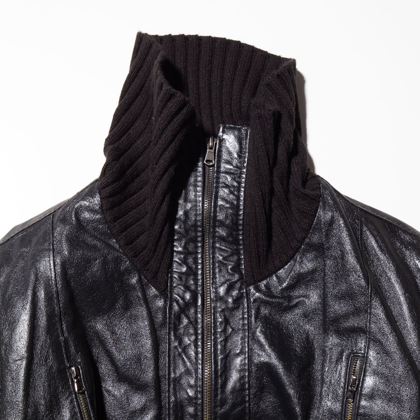 vintage rib short leather jacket