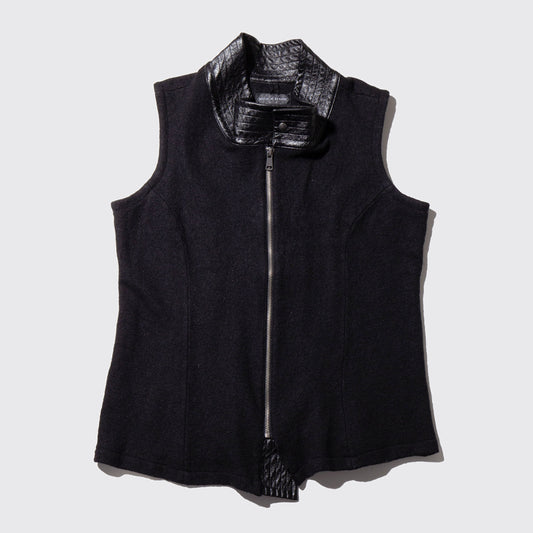 vintage leather neck zipped wool vest