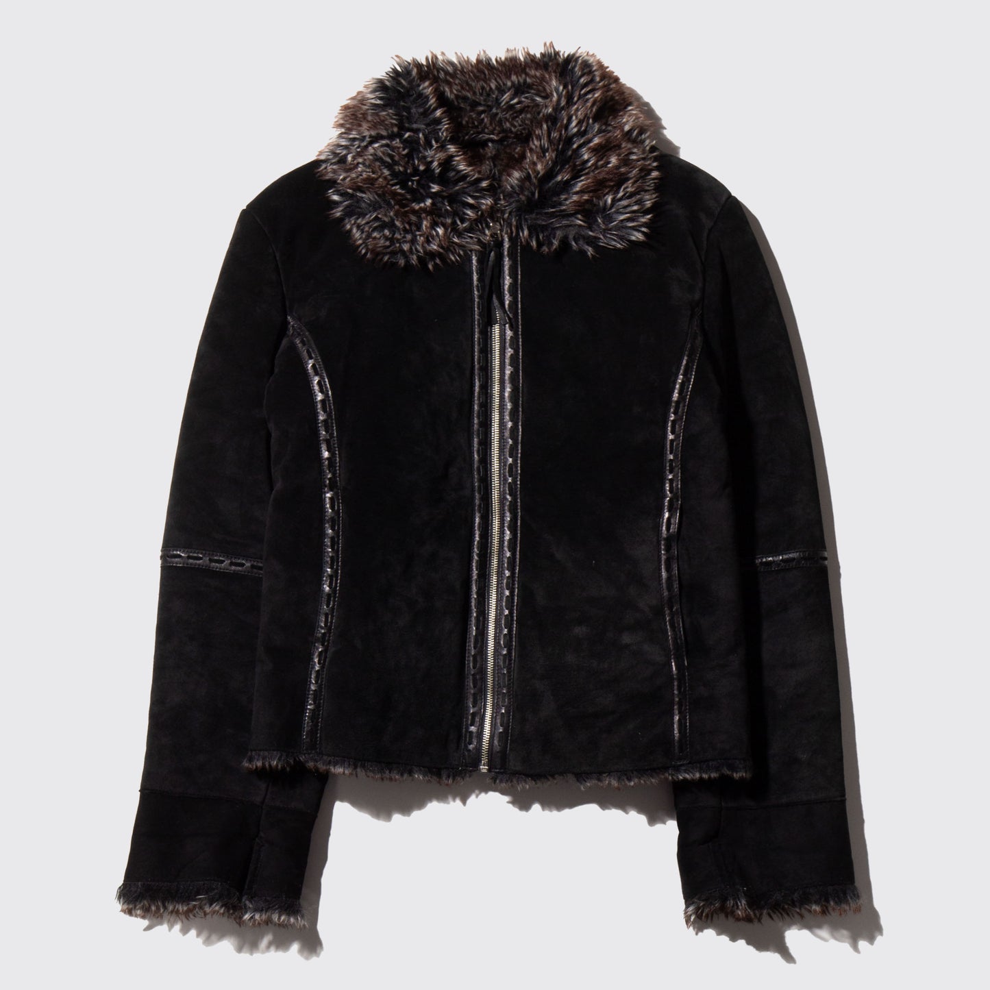 vintage fur combi short leather jacket