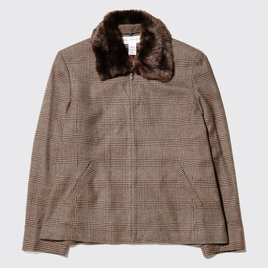 vintage check zipped jacket , with detachable faux fur collar