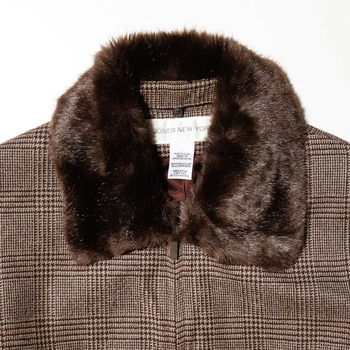 vintage check zipped jacket , with detachable faux fur collar