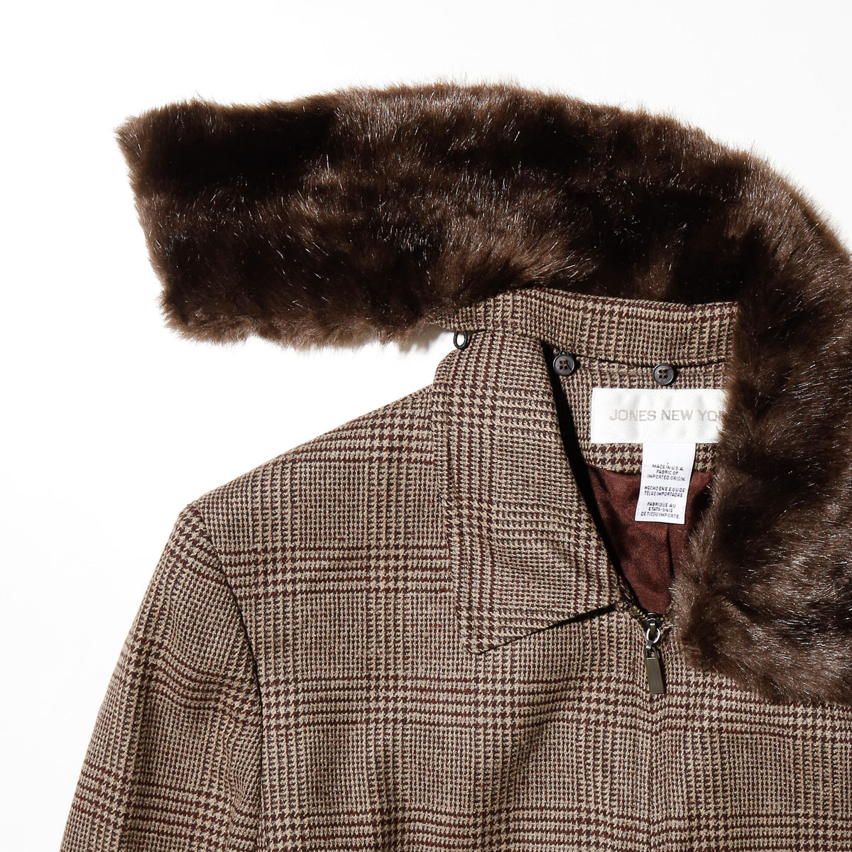 vintage check zipped jacket , with detachable faux fur collar