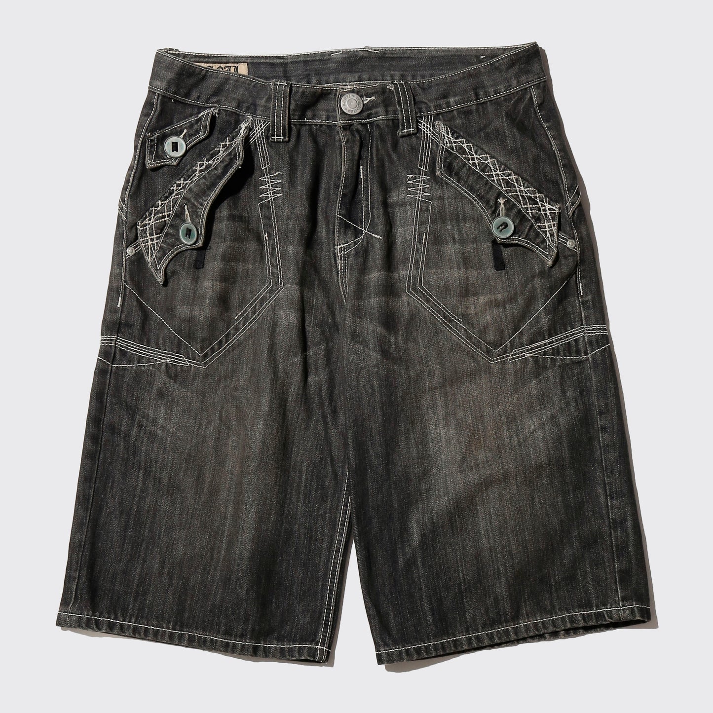 vintage random stitched denim bermuda shorts