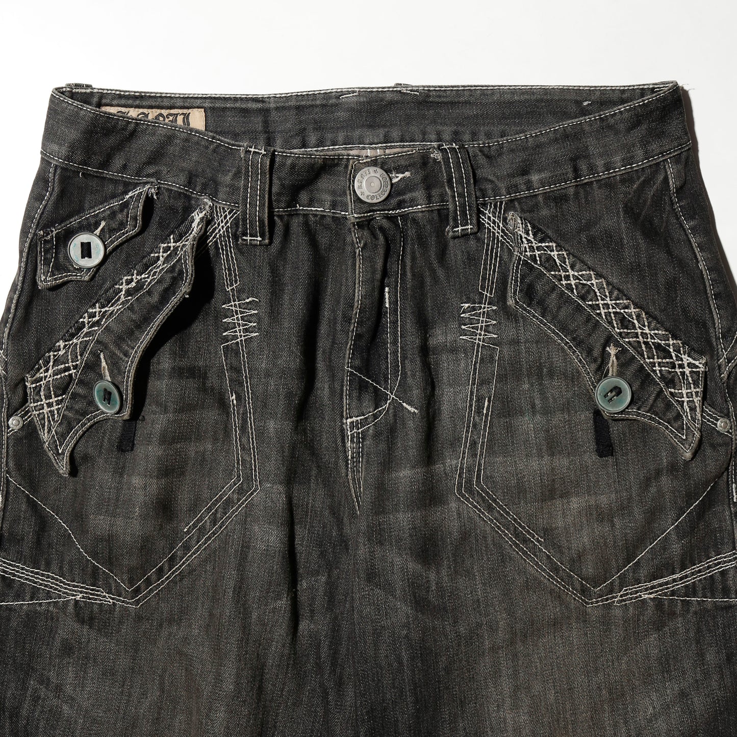 vintage random stitched denim bermuda shorts