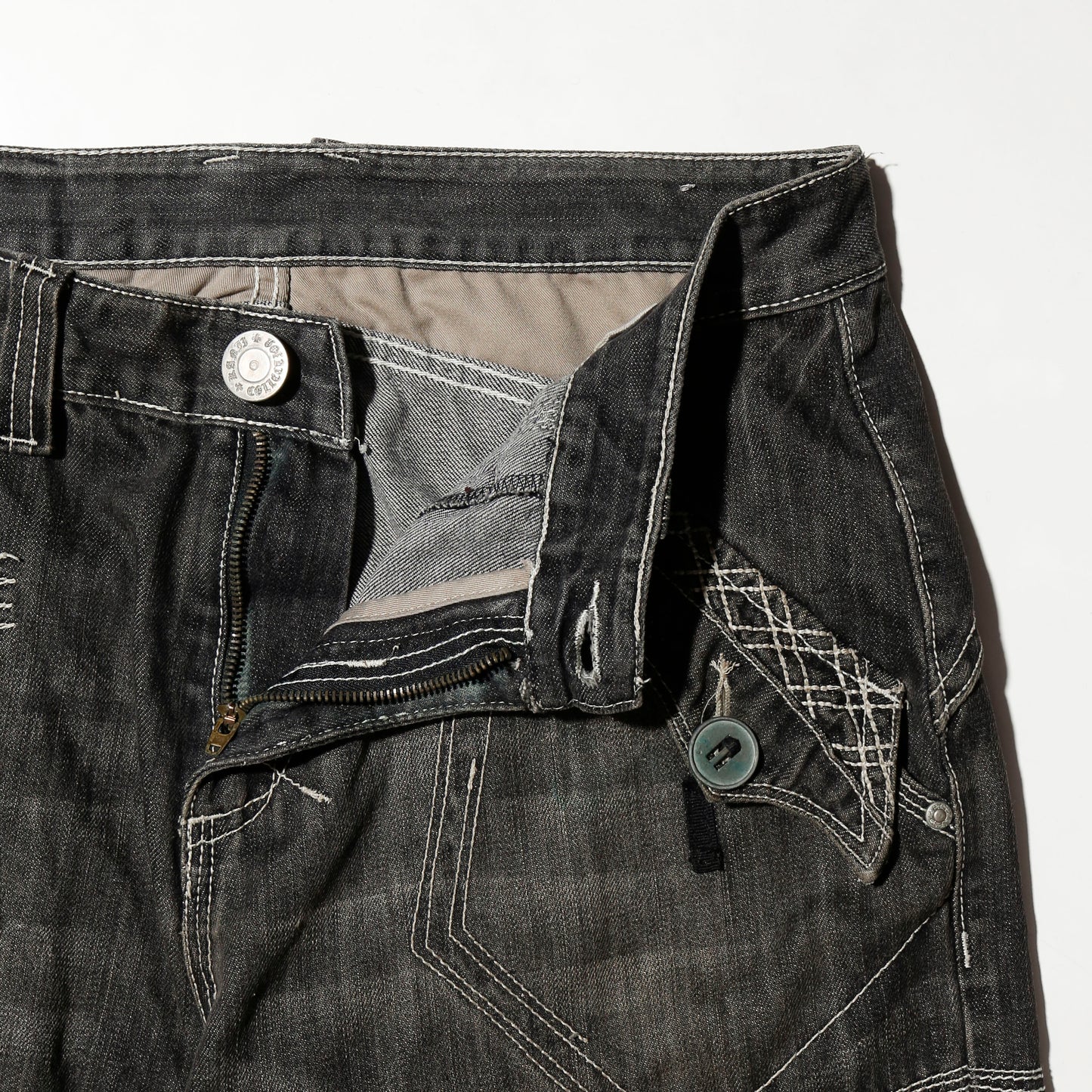 vintage random stitched denim bermuda shorts