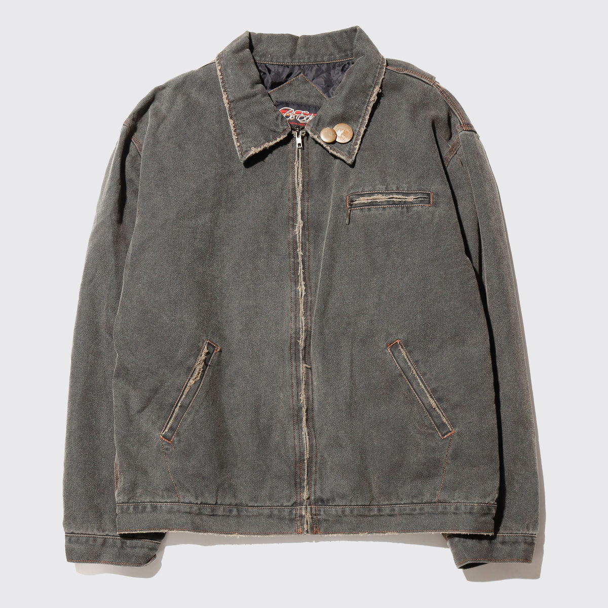 vintage frayed dust work jacket ,with copper badge