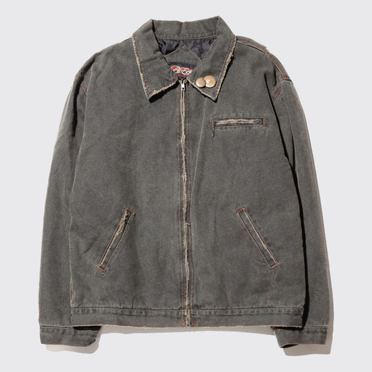 vintage frayed dust work jacket ,with copper badge