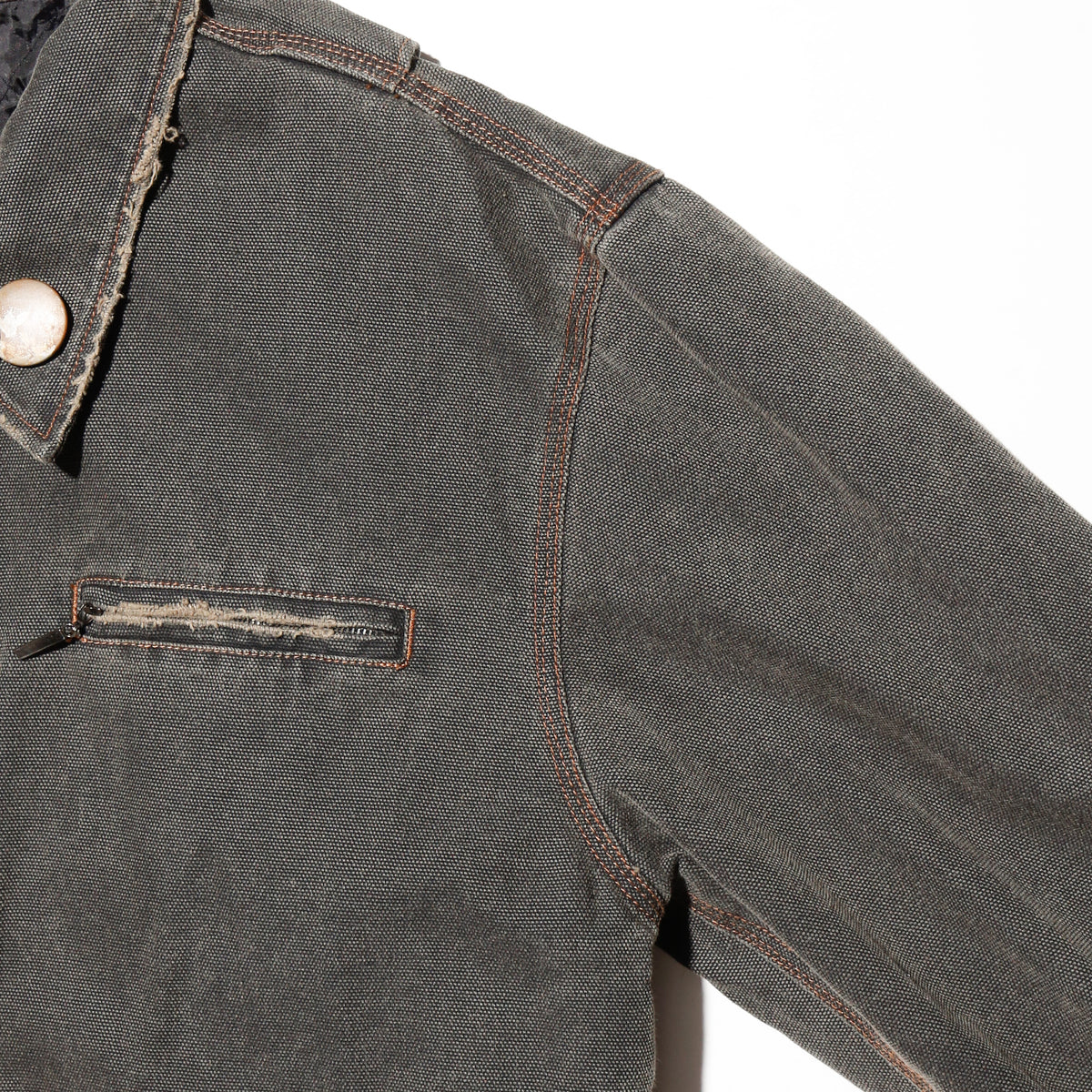 vintage frayed dust work jacket ,with copper badge