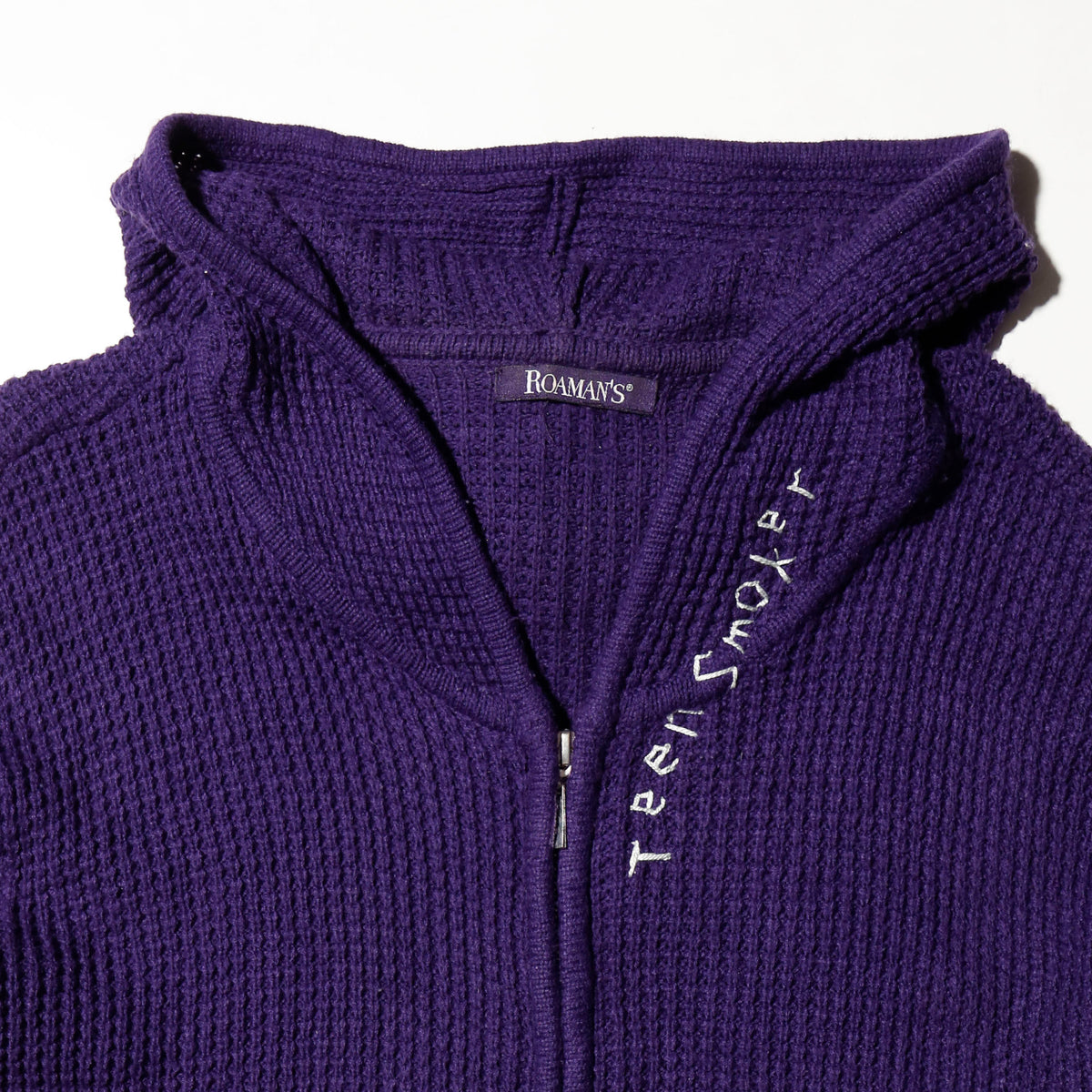 *one-off hand stitched knit hoodie, "teen smoker"